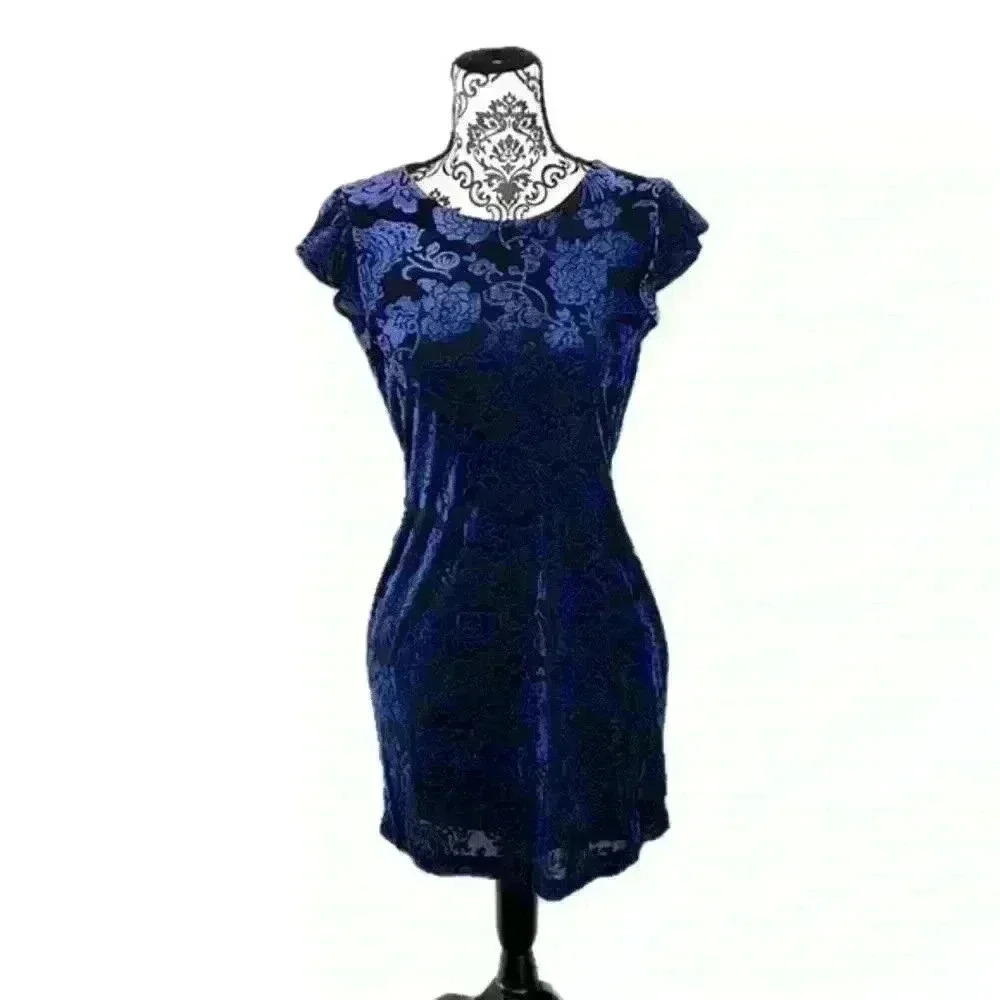 Adrienne Vittadini Blue Jacquard Velvet Ruffle Sleeve Shift Dress, XS